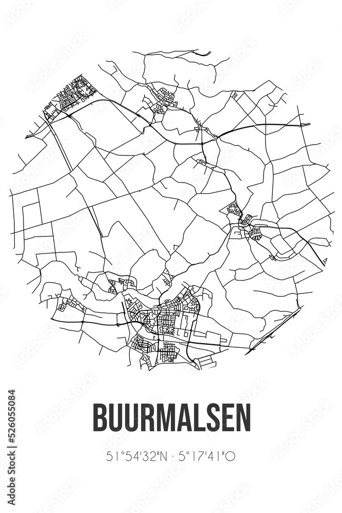 Abstract street map of Buurmalsen located in Gelderland municipality of Buren. City map with lines