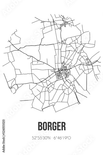 Abstract street map of Borger located in Drenthe municipality of Borger-Odoorn. City map with lines