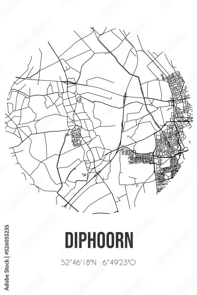 Abstract street map of Diphoorn located in Drenthe municipality of Coevorden. City map with lines Abstract street map of Diphoorn located in Drenthe municipality of Coevorden. City map with lines