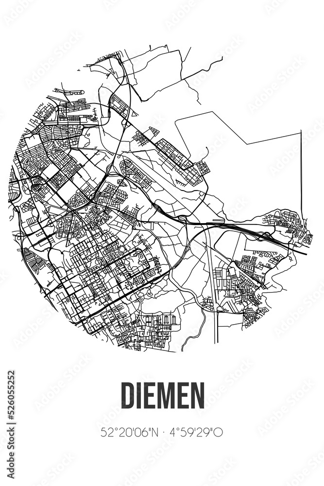 Abstract street map of Diemen located in Noord-Holland municipality of Diemen. City map with lines