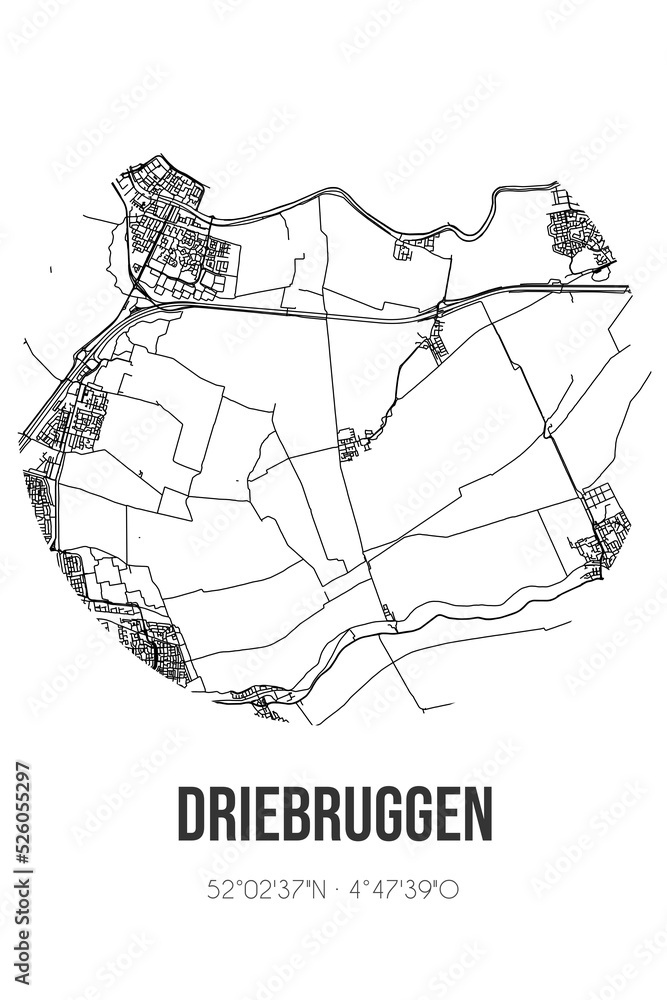 Abstract street map of Driebruggen located in Zuid-Holland municipality of Bodegraven-Reeuwijk. City map with lines
