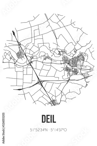 Abstract street map of Deil located in Gelderland municipality of West Betuwe. City map with lines