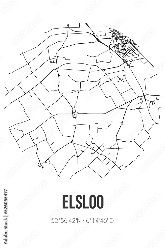 Abstract street map of Elsloo located in Fryslan municipality of Ooststellingwerf. City map with lines