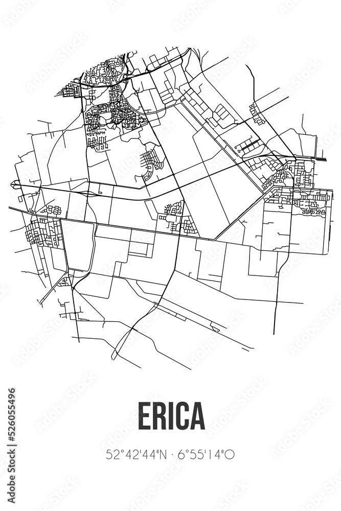 Abstract street map of Erica located in Drenthe municipality of Emmen. City map with lines
