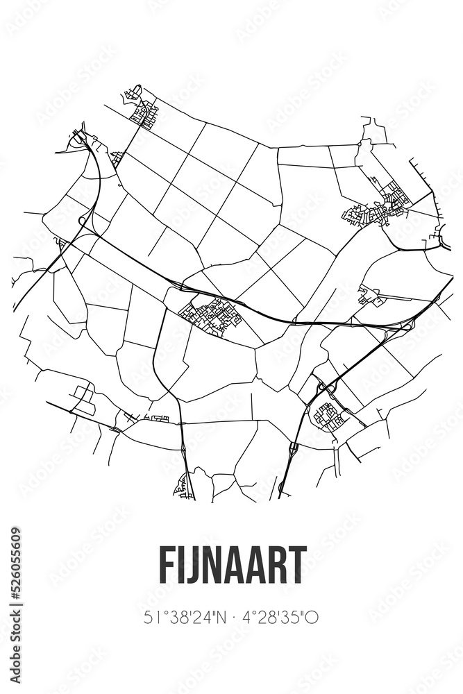 Abstract street map of Fijnaart located in Noord-Brabant municipality of Moerdijk. City map with lines