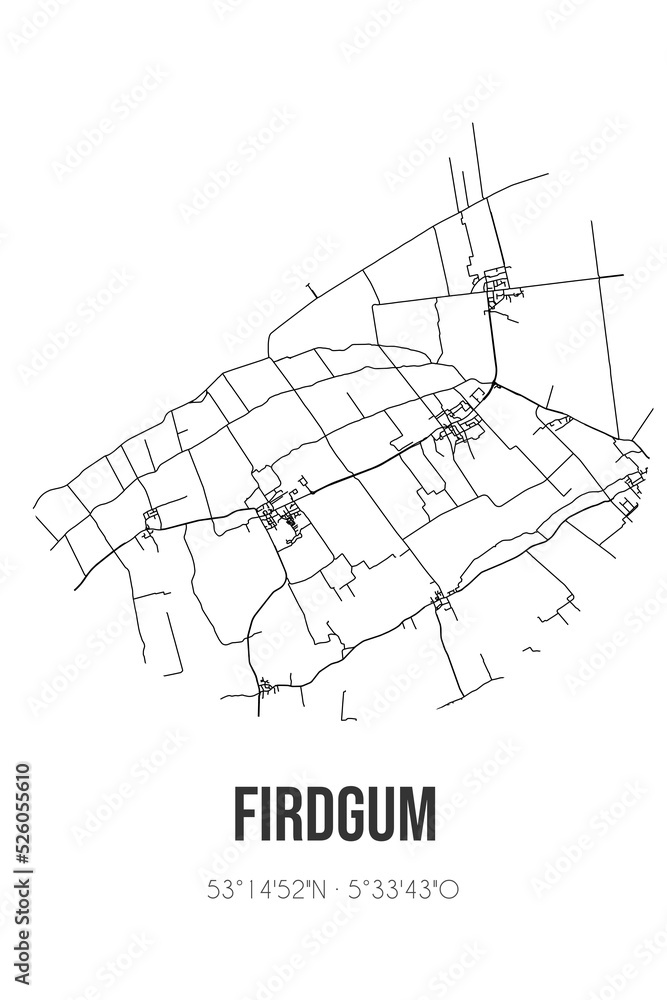 Abstract street map of Firdgum located in Fryslan municipality of Waadhoeke. City map with lines