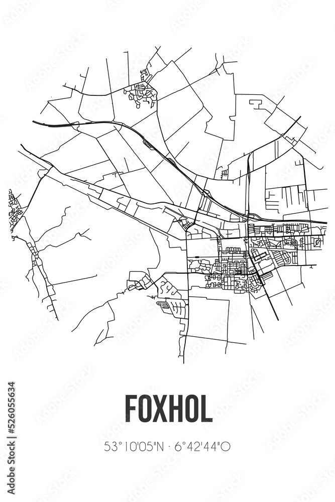 Abstract street map of Foxhol located in Groningen municipality of Midden-Groningen. City map with lines