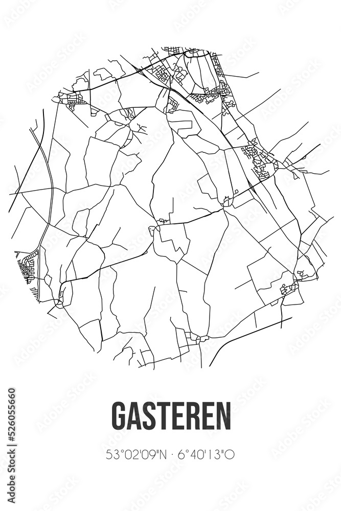 Abstract street map of Gasteren located in Drenthe municipality of Aa en Hunze. City map with lines