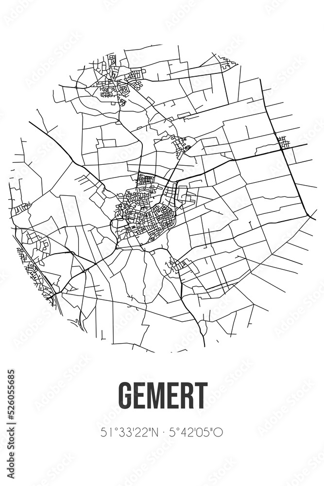 Abstract street map of Gemert located in Noord-Brabant municipality of Gemert-Bakel. City map with lines