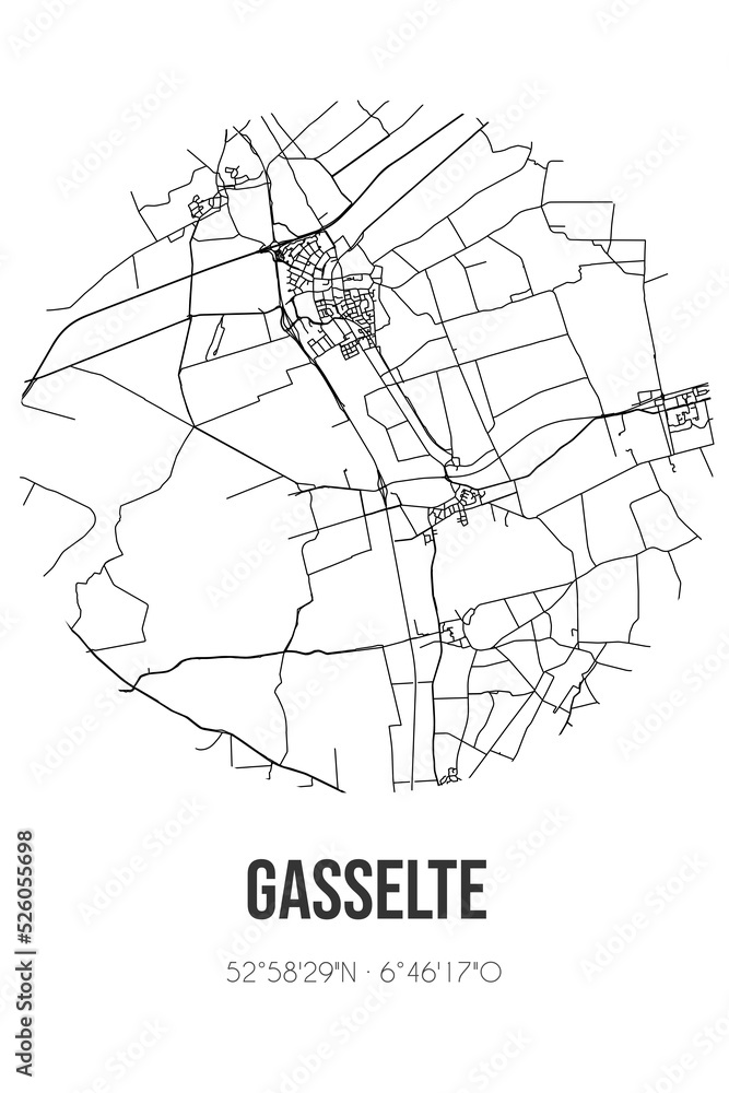 Abstract street map of Gasselte located in Drenthe municipality of Aa en Hunze. City map with lines