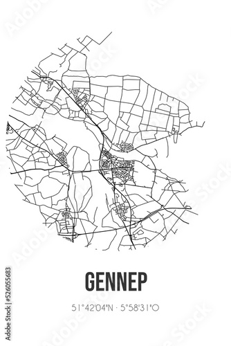 Abstract street map of Gennep located in Limburg municipality of Gennep. City map with lines