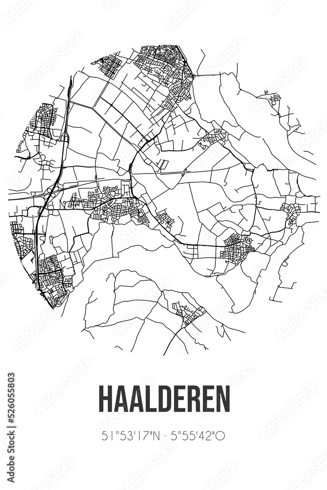 Abstract street map of Haalderen located in Gelderland municipality of Lingewaard. City map with lines