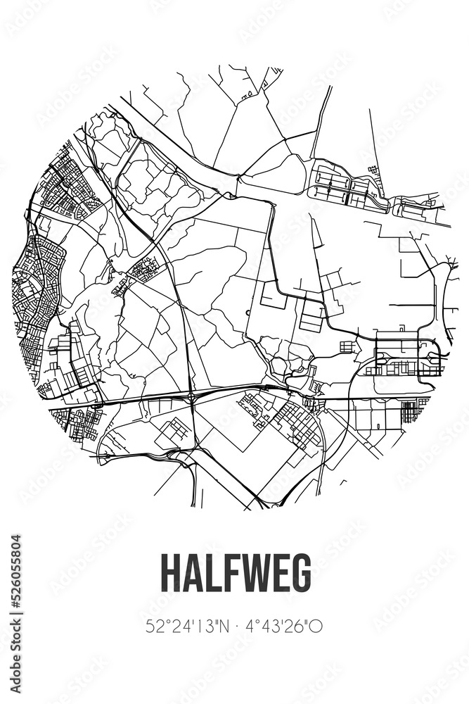Abstract street map of Halfweg located in Noord-Holland municipality of Haarlemmermeer. City map with lines