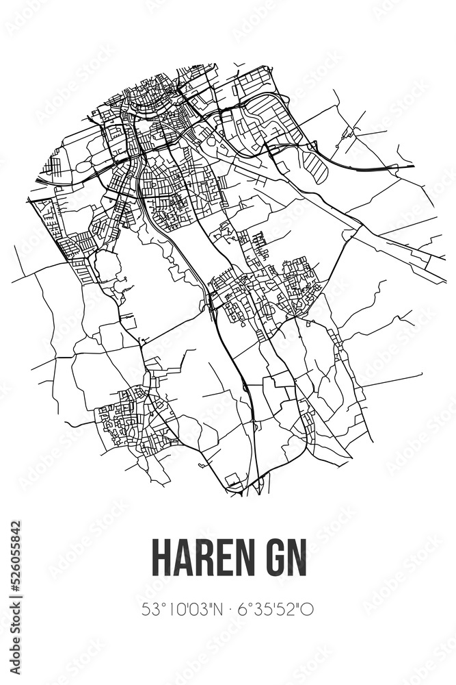 Abstract street map of Haren Gn located in Groningen municipality of Groningen. City map with lines
