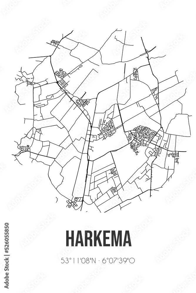 Abstract street map of Harkema located in Fryslan municipality of Achtkarspelen. City map with lines