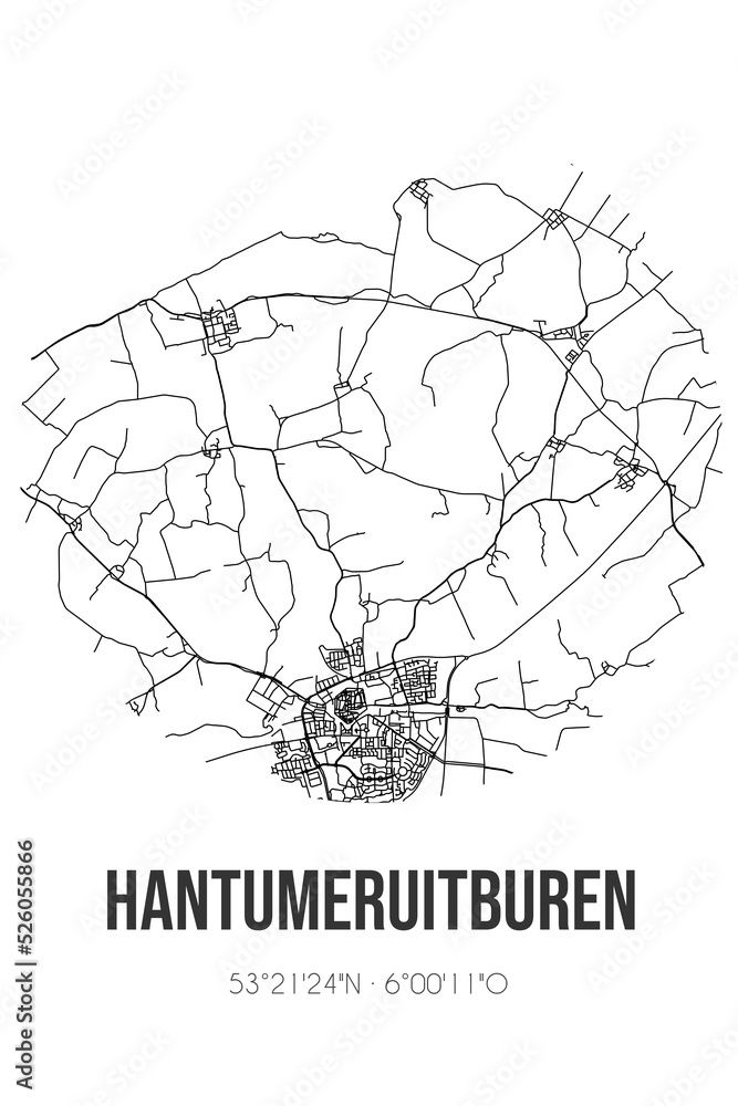 Abstract street map of Hantumeruitburen located in Fryslan municipality of Noardeast-Fryslan. City map with lines