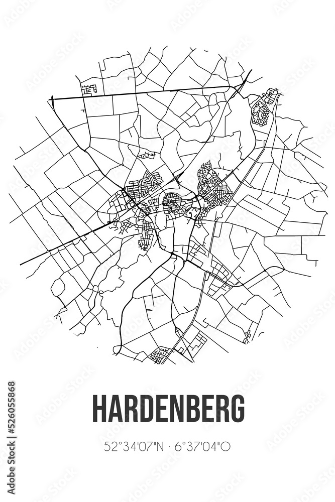 Abstract street map of Hardenberg located in Overijssel municipality of