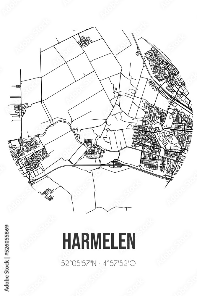 Abstract street map of Harmelen located in Utrecht municipality of Woerden. City map with lines