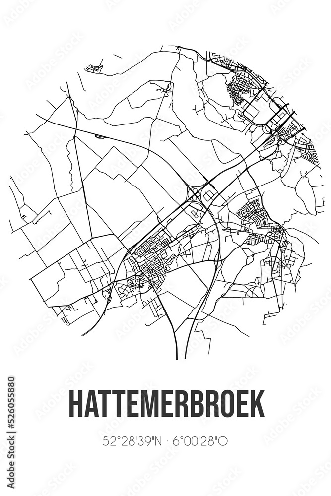 Abstract street map of Hattemerbroek located in Gelderland municipality of Oldebroek. City map with lines