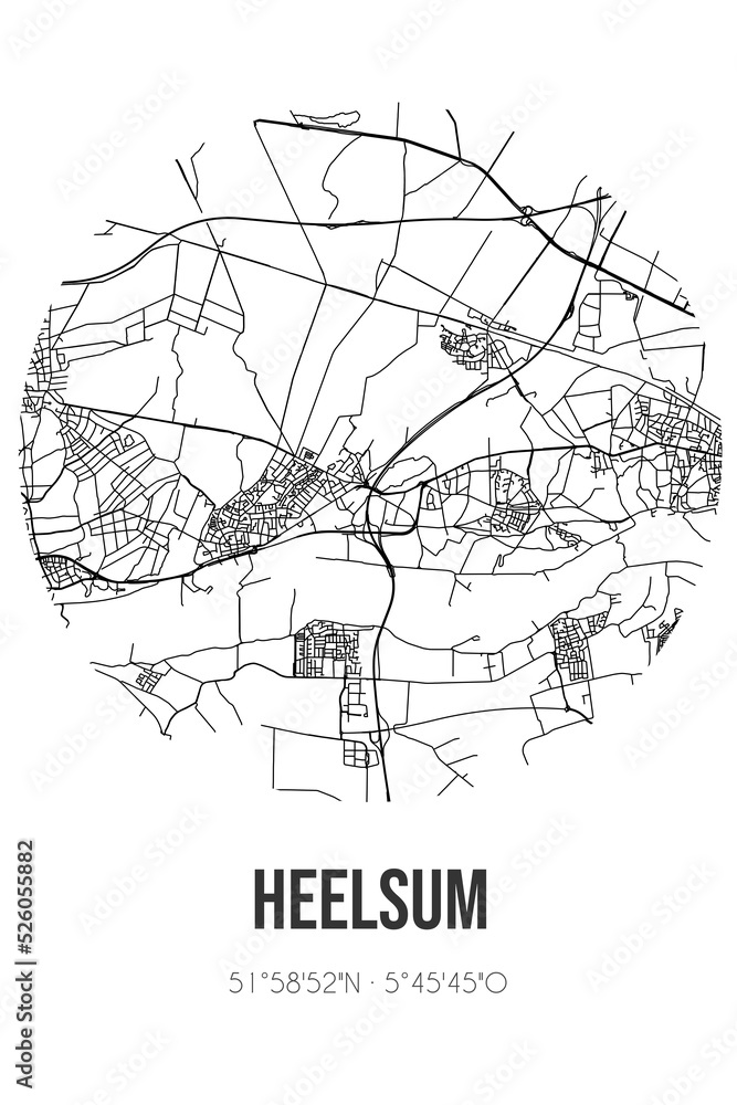 Abstract street map of Heelsum located in Gelderland municipality of Renkum. City map with lines