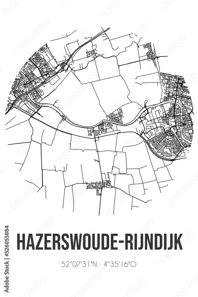 Abstract street map of Hazerswoude-Rijndijk located in Zuid-Holland municipality of Alphen aan den Rijn. City map with lines