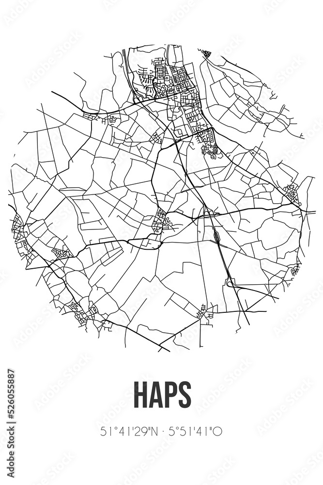 Abstract street map of Haps located in Noord-Brabant municipality of Cuijk. City map with lines