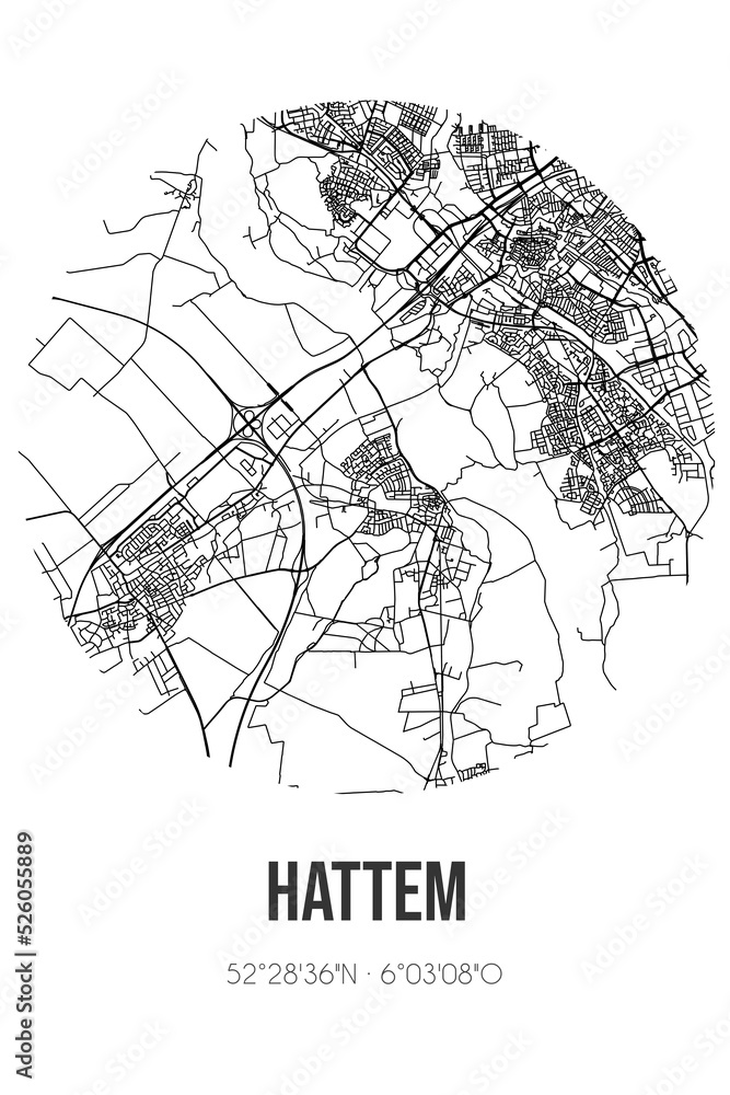 Abstract street map of Hattem located in Gelderland municipality of Hattem. City map with lines