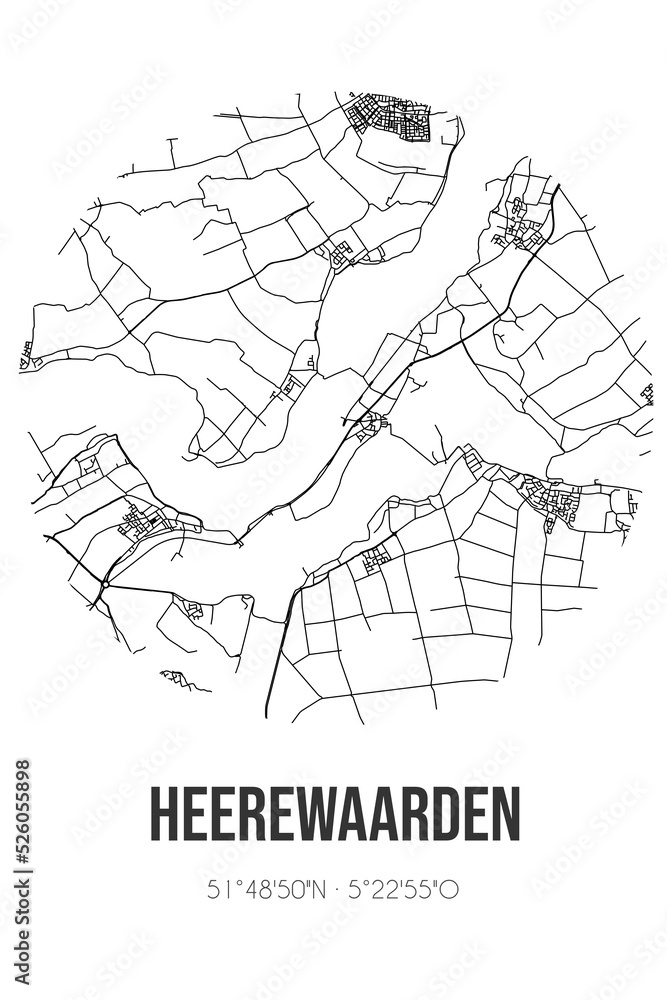 Abstract street map of Heerewaarden located in Gelderland municipality of Maasdriel. City map with lines