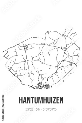 Abstract street map of Hantumhuizen located in Fryslan municipality of Noardeast-Fryslan. City map with lines