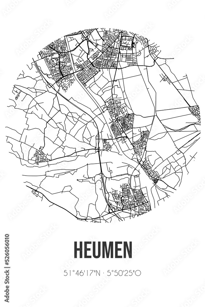 Abstract street map of Heumen located in Gelderland municipality of Heumen. City map with lines