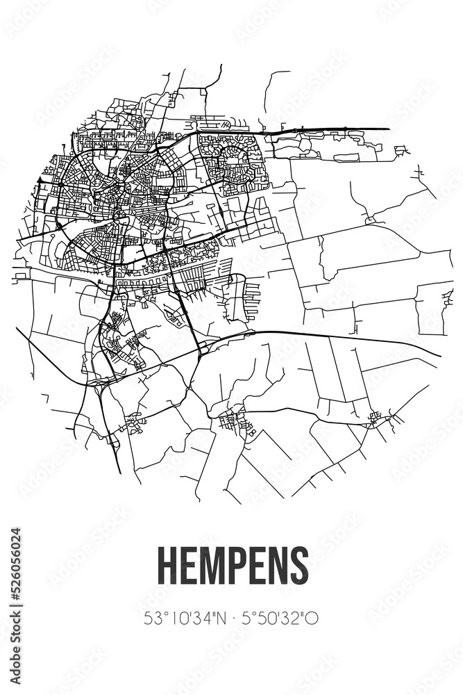 Abstract street map of Hempens located in Fryslan municipality of Leeuwarden. City map with lines