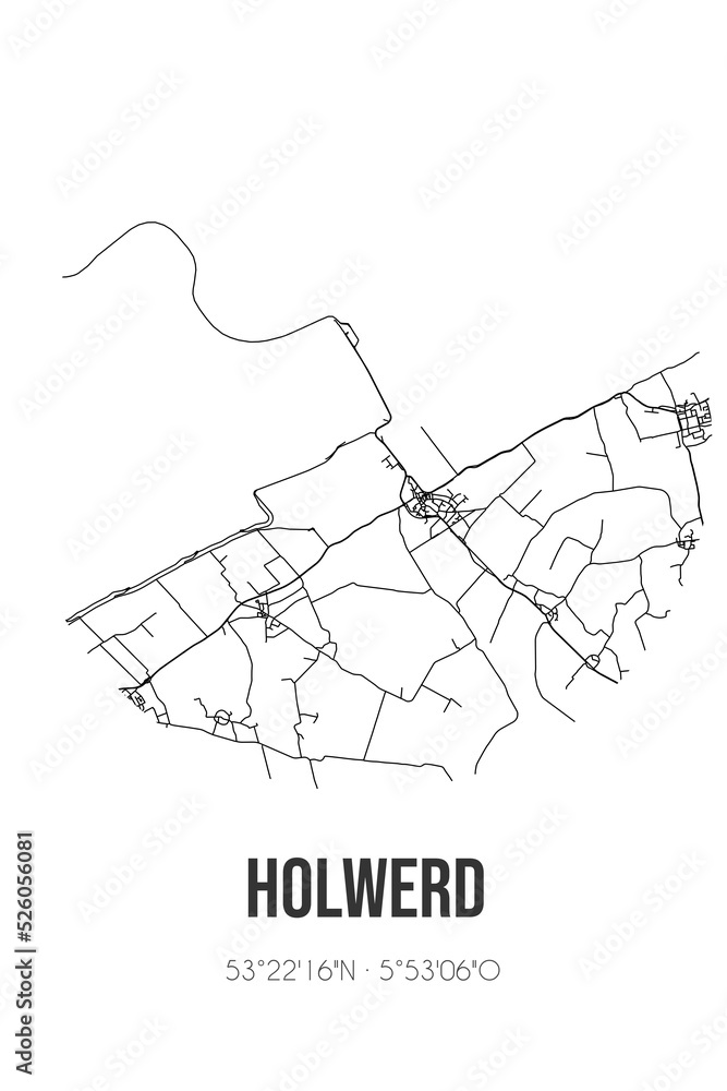 Abstract street map of Holwerd located in Fryslan municipality of Noardeast-Fryslan. City map with lines