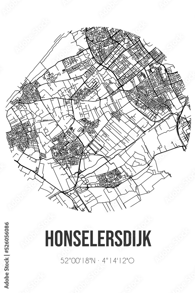 Abstract street map of Honselersdijk located in Zuid-Holland municipality of Westland. City map with lines