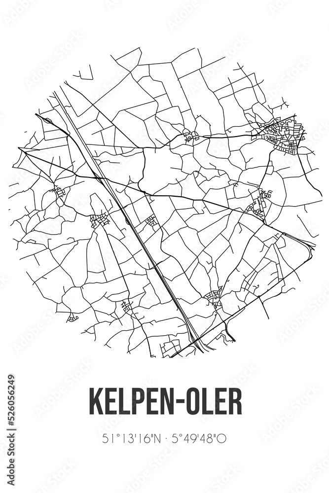 Abstract street map of Kelpen-Oler located in Limburg municipality of Leudal. City map with lines