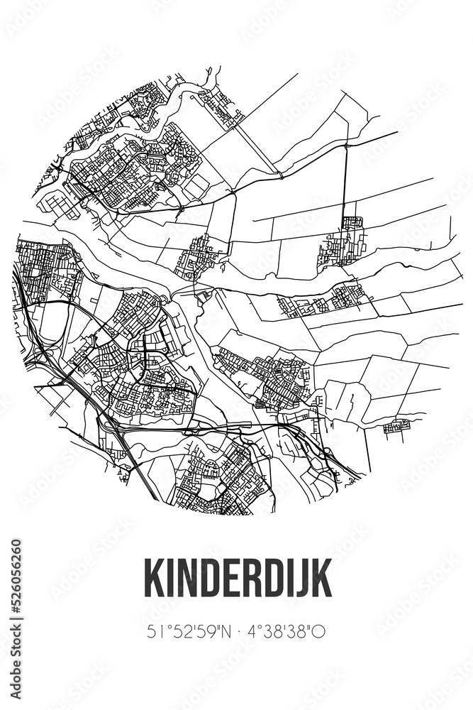 Abstract street map of Kinderdijk located in Zuid-Holland municipality of Molenlanden. City map with lines