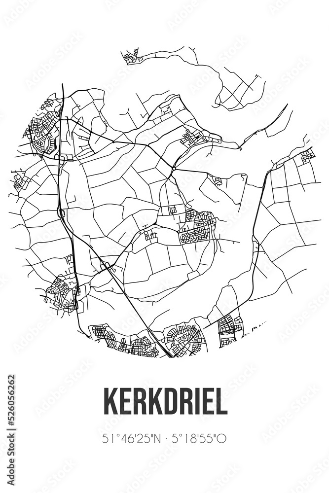 Abstract street map of Kerkdriel located in Gelderland municipality of Maasdriel. City map with lines