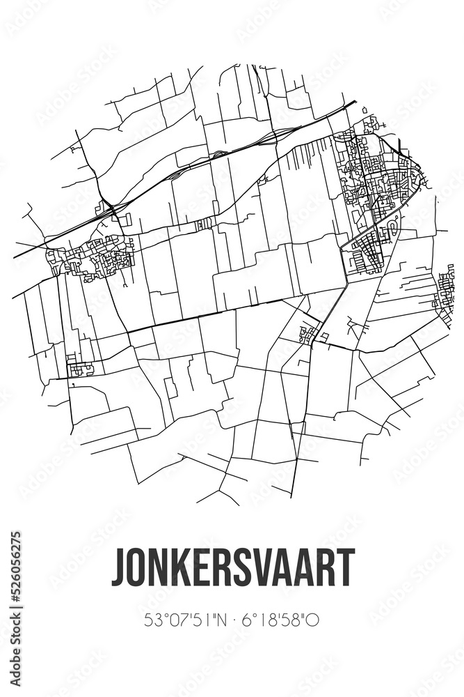 Abstract street map of Jonkersvaart located in Groningen municipality of Westerkwartier. City map with lines