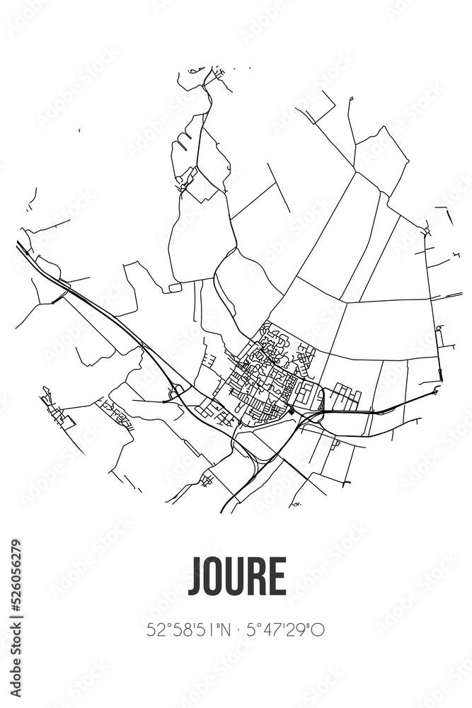 Abstract street map of Joure located in Fryslan municipality of De Fryske Marren. City map with lines Abstract street map of Joure located in Fryslan municipality of De Fryske Marren. City map with lines
