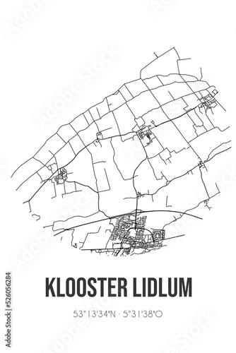 Abstract street map of Klooster Lidlum located in Fryslan municipality of Waadhoeke. City map with lines
