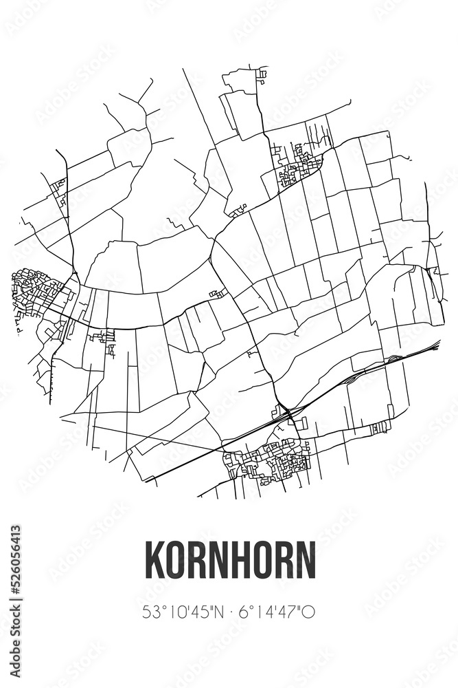 Abstract street map of Kornhorn located in Groningen municipality of Westerkwartier. City map with lines