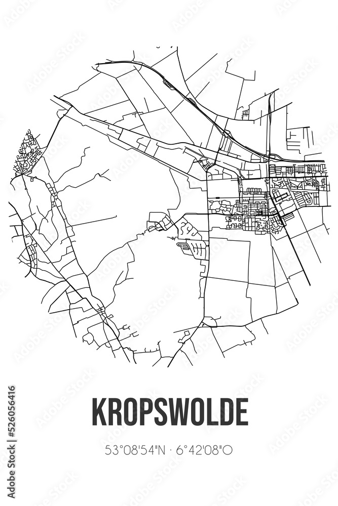 Abstract street map of Kropswolde located in Groningen municipality of Midden-Groningen. City map with lines