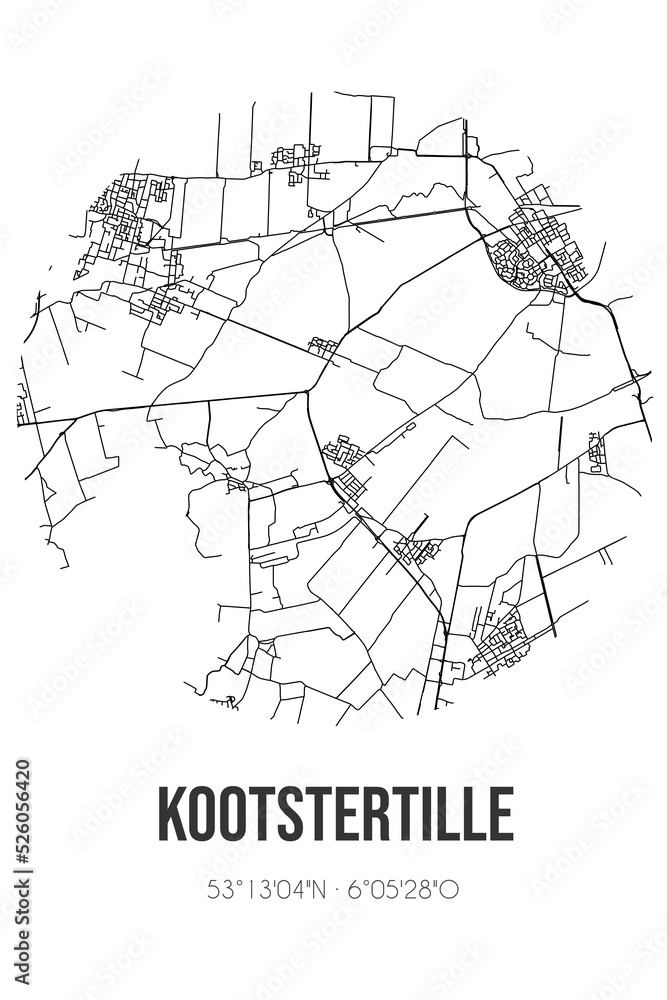 Abstract street map of Kootstertille located in Fryslan municipality of Achtkarspelen. City map with lines