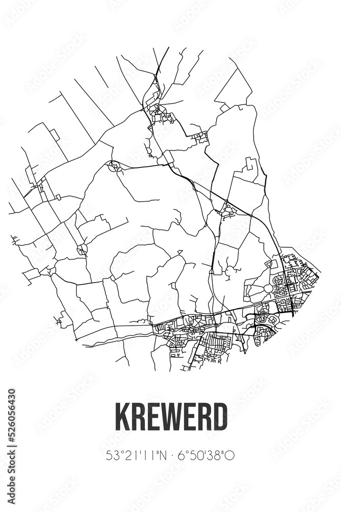 Abstract street map of Krewerd located in Groningen municipality of Delfzijl. City map with lines