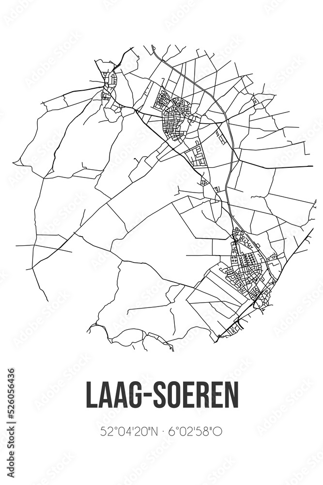 Abstract street map of Laag-Soeren located in Gelderland municipality of Rheden. City map with lines