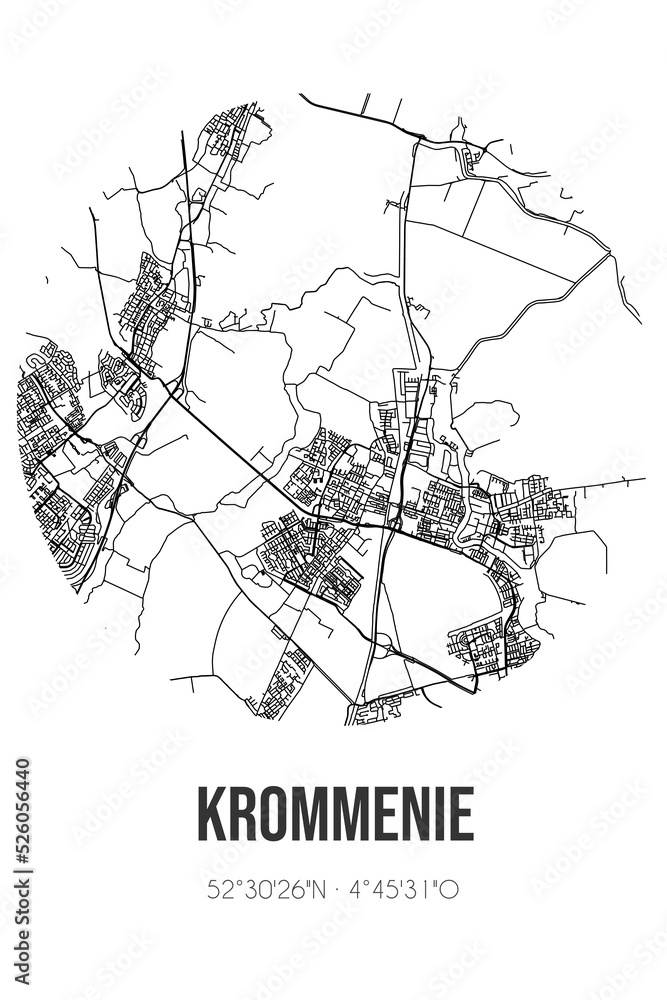 Abstract street map of Krommenie located in Noord-Holland municipality of Zaanstad. City map with lines