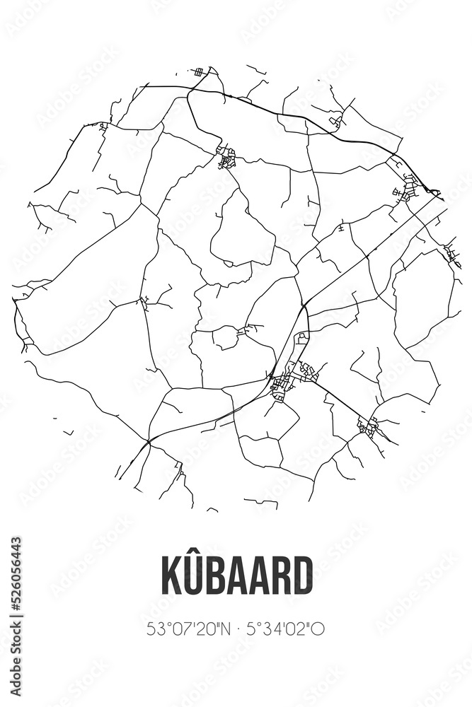 Obraz premium Abstract street map of Kûbaard located in Fryslan municipality of Sudwest-Fryslan. City map with lines