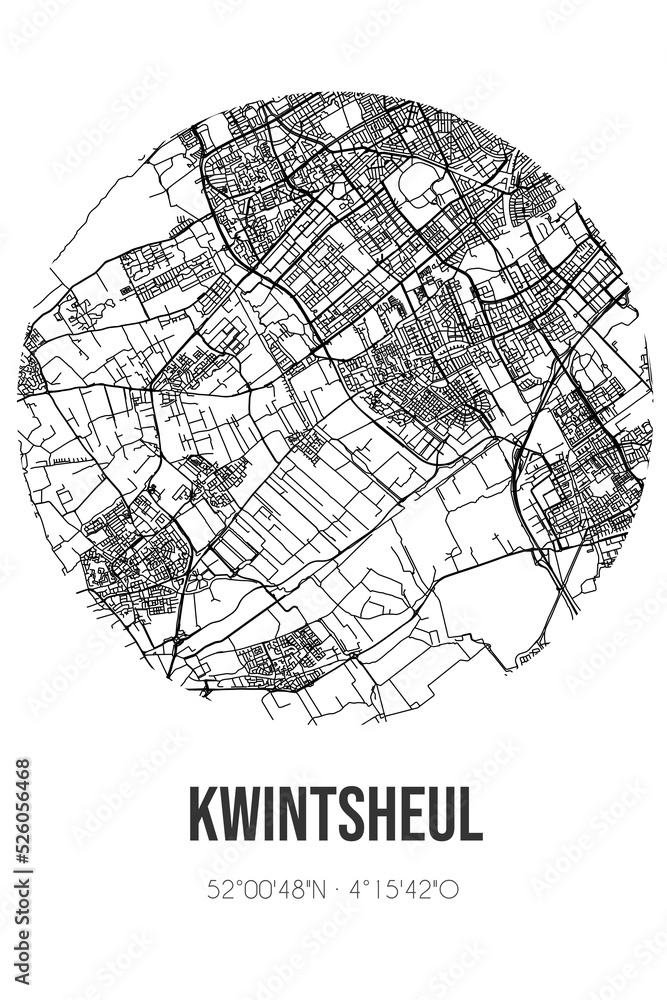 Abstract street map of Kwintsheul located in Zuid-Holland municipality of Westland. City map with lines