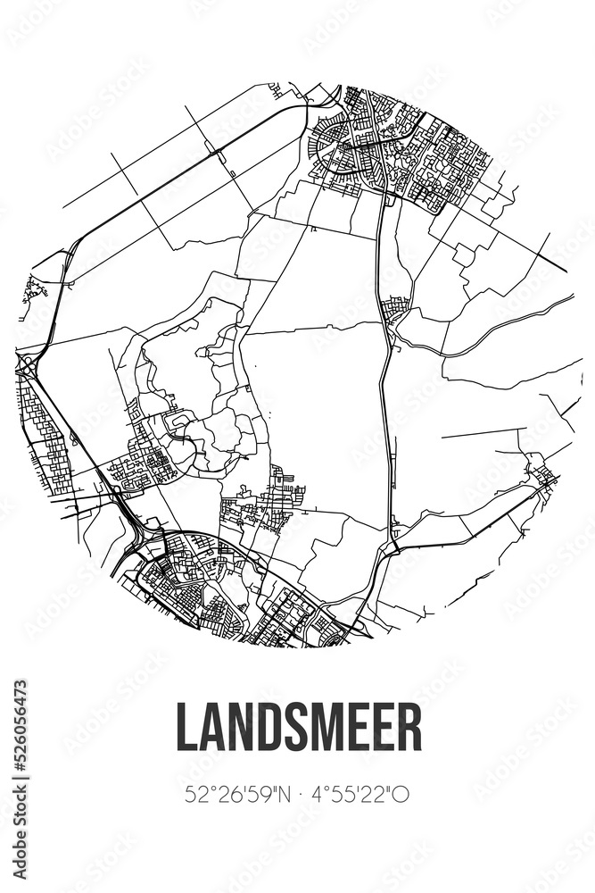 Abstract street map of Landsmeer located in Noord-Holland municipality of Landsmeer. City map with lines