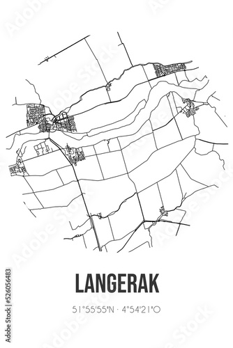 Abstract street map of Langerak located in Zuid-Holland municipality of Molenlanden. City map with lines