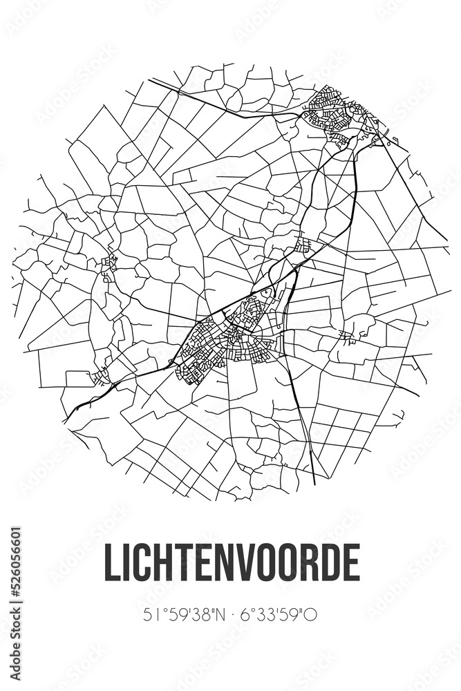 Abstract street map of Lichtenvoorde located in Gelderland municipality of Oost Gelre. City map with lines